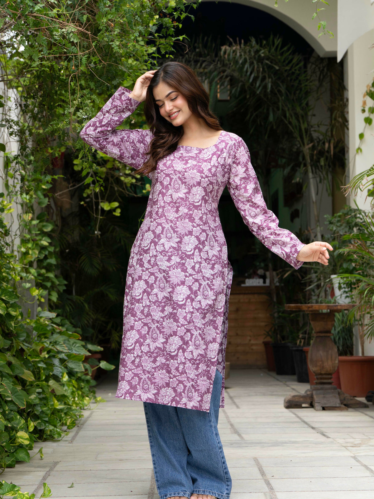 Women Light Pink Floral Printed Cotton Corset Long Kurti