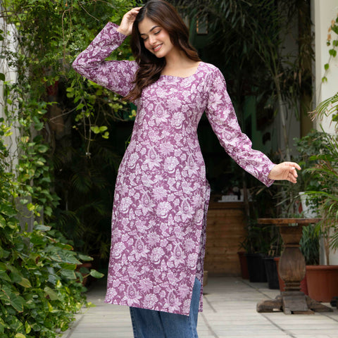 Women Light Pink Floral Printed Cotton Corset Long Kurti