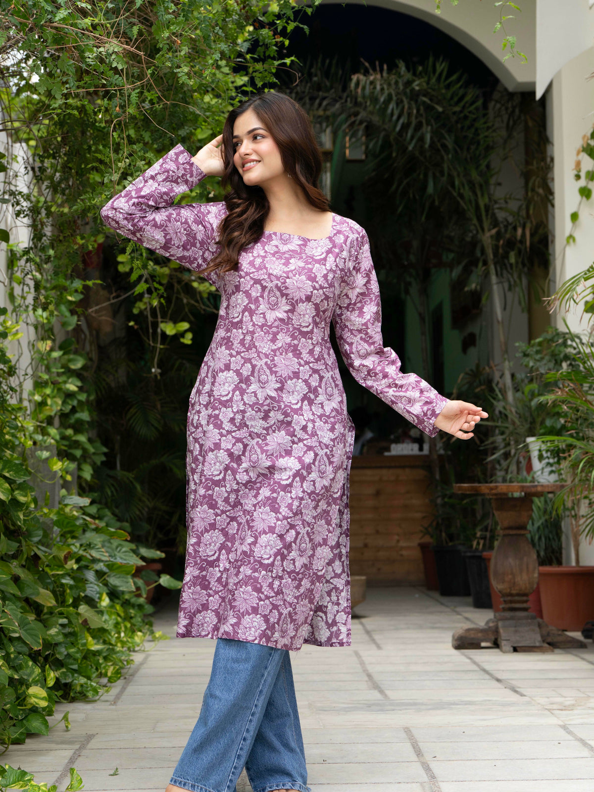 Women Light Pink Floral Printed Cotton Corset Long Kurti