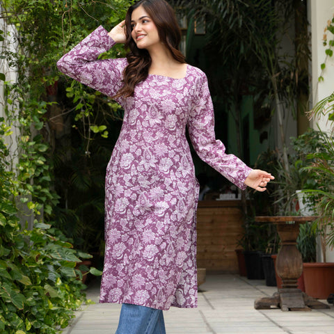 Women Light Pink Floral Printed Cotton Corset Long Kurti