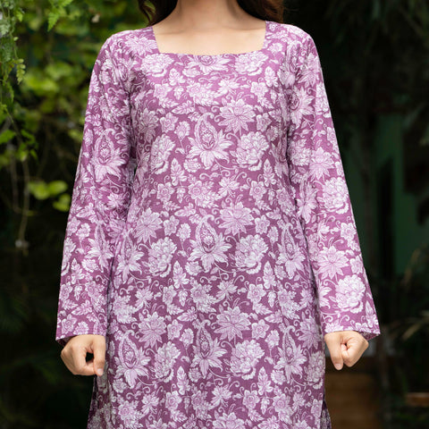 Women Light Pink Floral Printed Cotton Corset Long Kurti