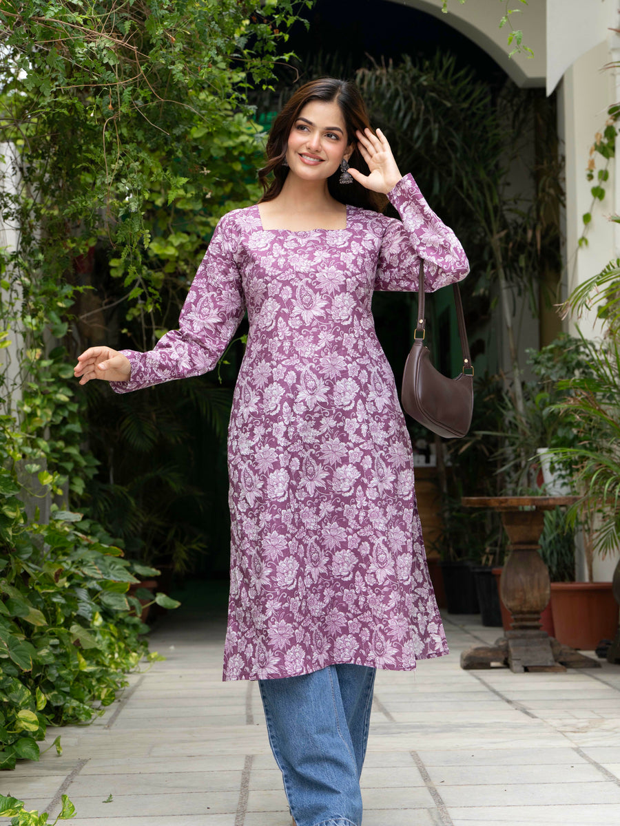Women Light Pink Floral Printed Cotton Corset Long Kurti
