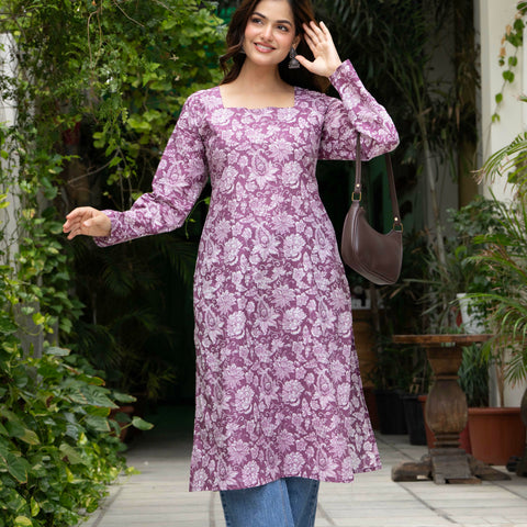 Women Light Pink Floral Printed Cotton Corset Long Kurti