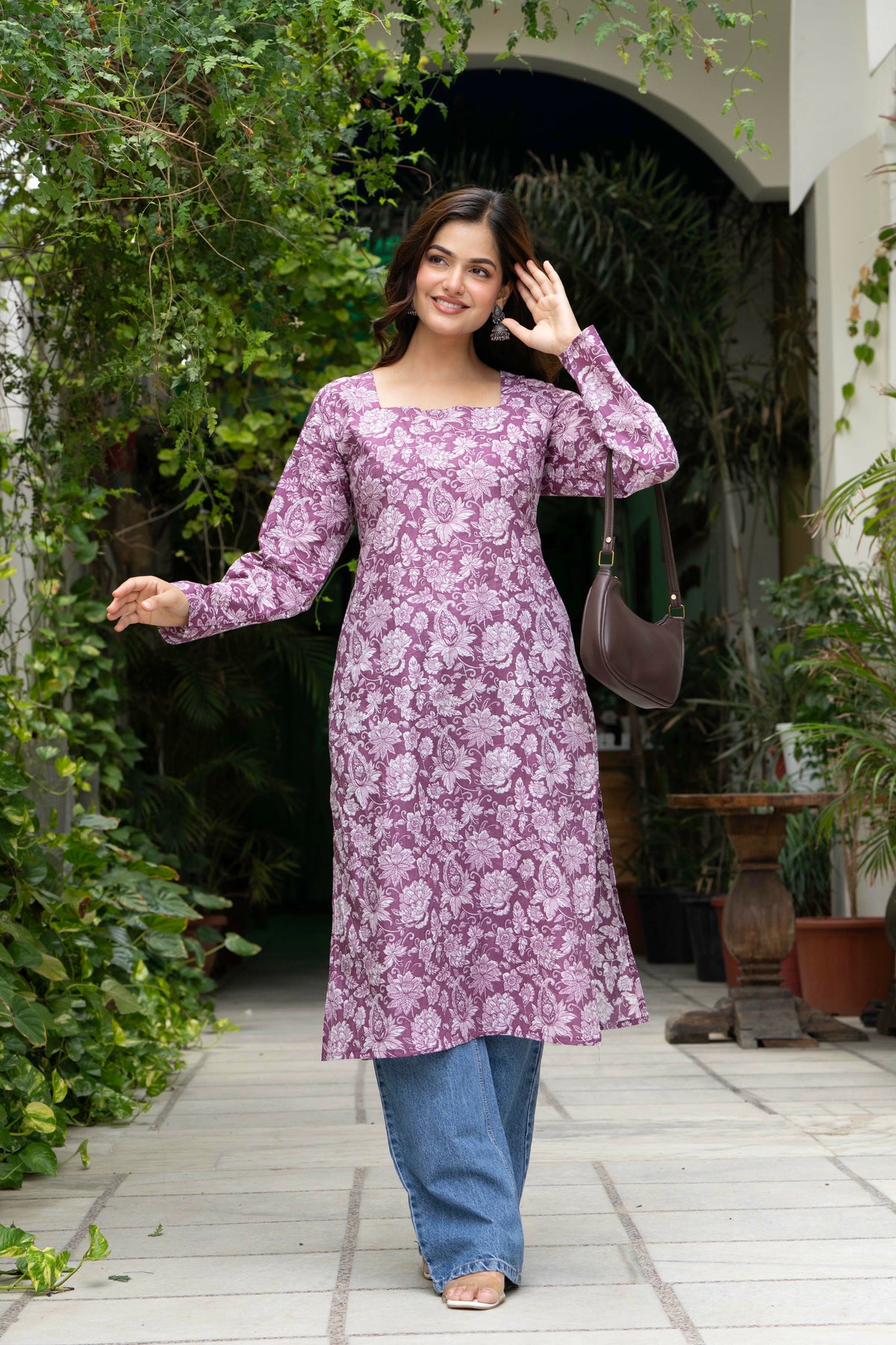 Women Light Pink Floral Printed Cotton Corset Long Kurti