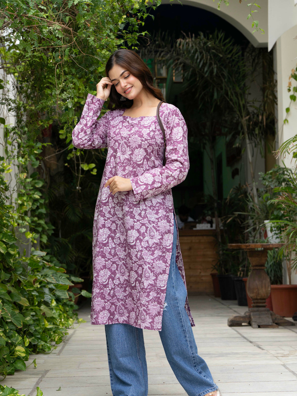 Women Light Pink Floral Printed Cotton Corset Long Kurti