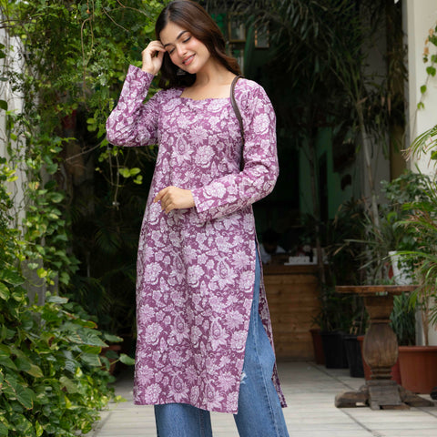 Women Light Pink Floral Printed Cotton Corset Long Kurti