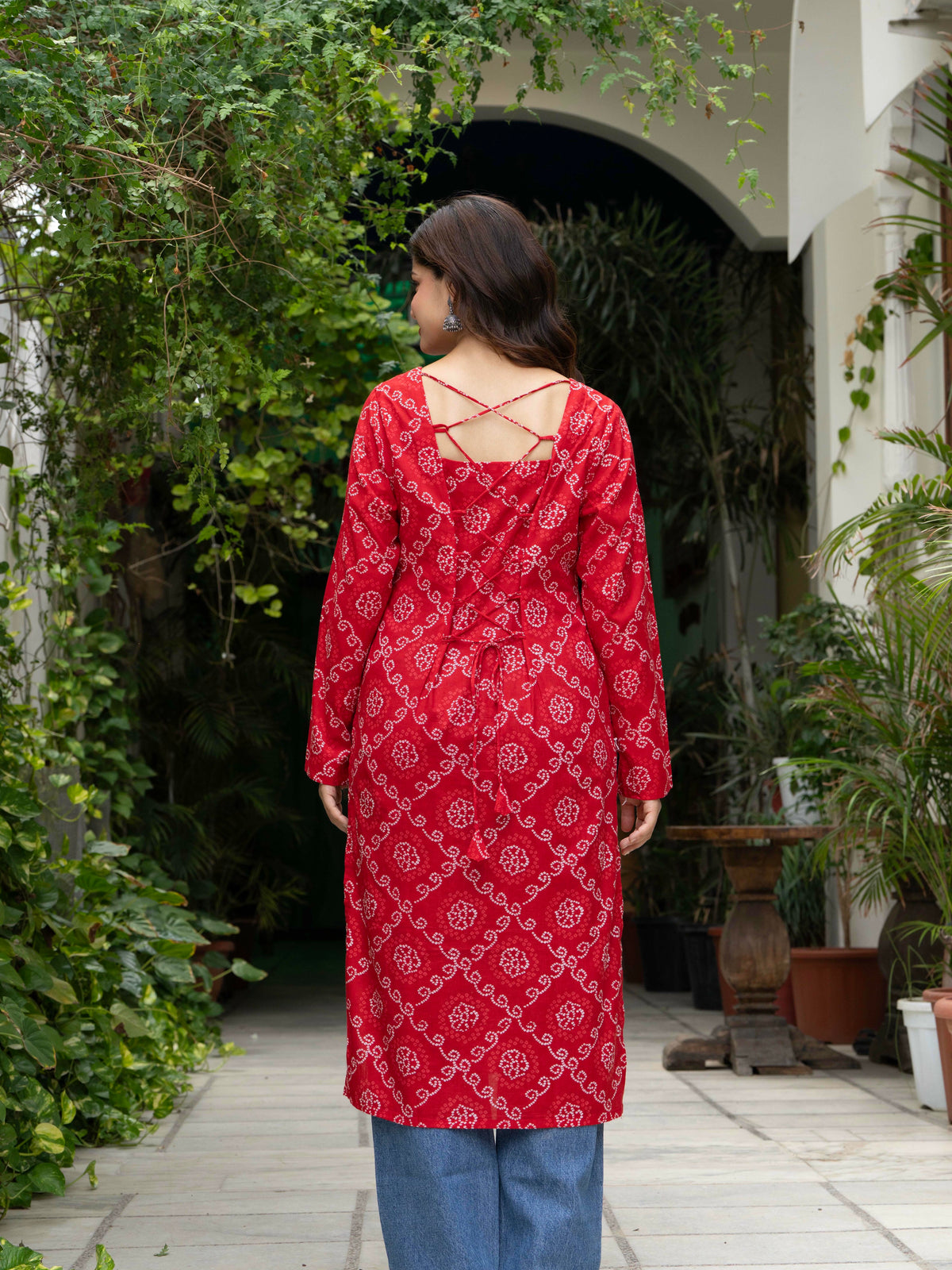 Women Red Bandhani Printed Cotton Corset Long Kurti
