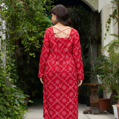 Women Red Bandhani Printed Cotton Corset Long Kurti