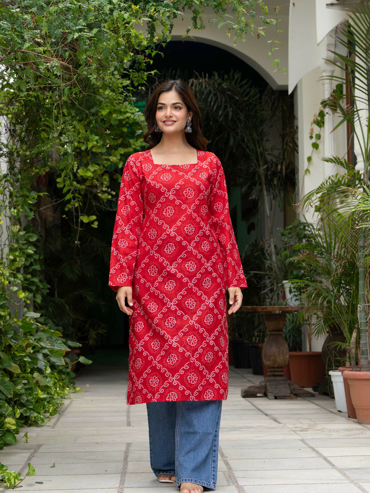 Women Red Bandhani Printed Cotton Corset Long Kurti