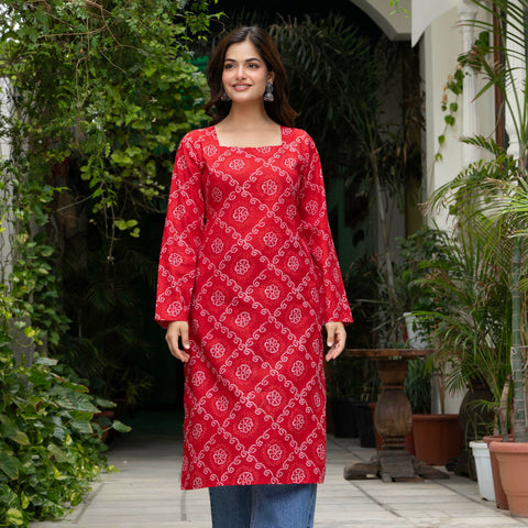Women Red Bandhani Printed Cotton Corset Long Kurti