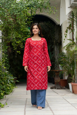 Women Red Bandhani Printed Cotton Corset Long Kurti