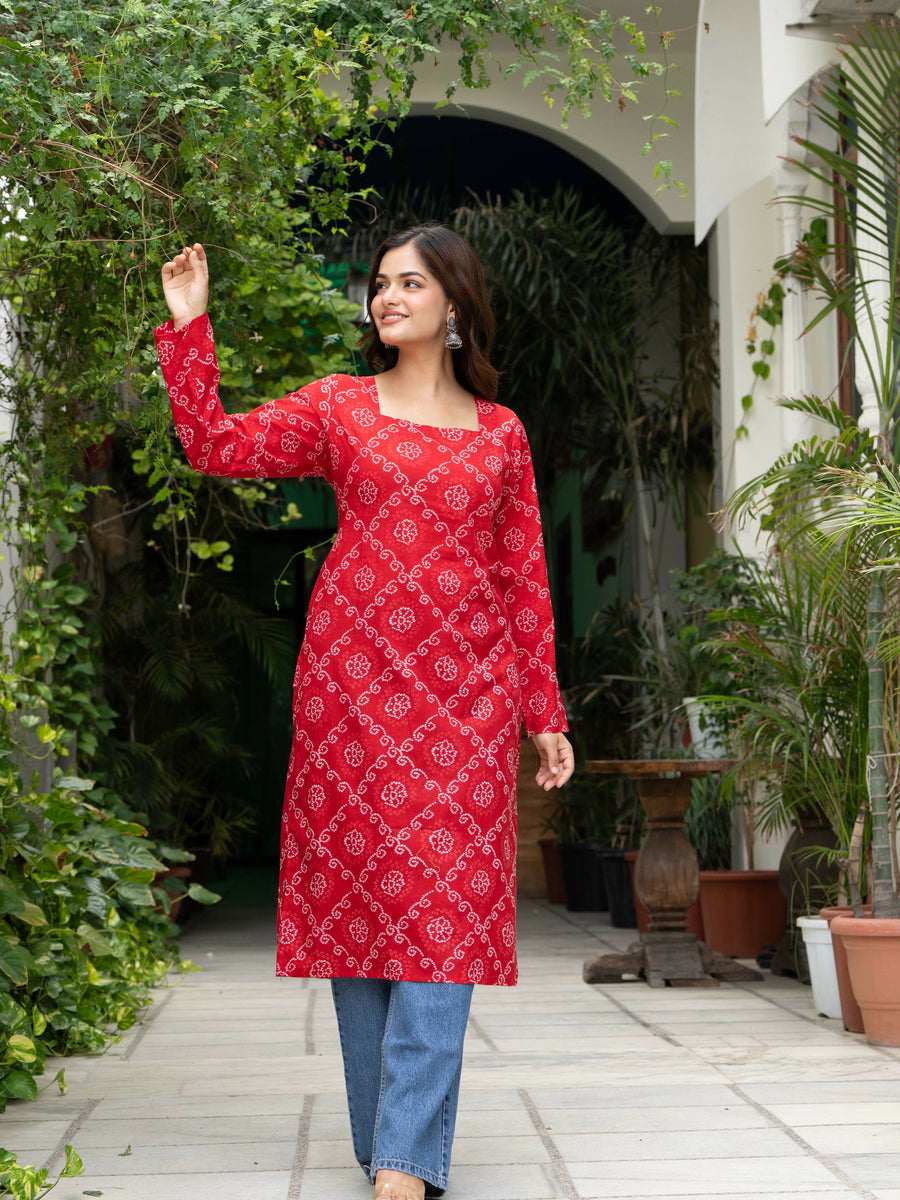 Women Red Bandhani Printed Cotton Corset Long Kurti