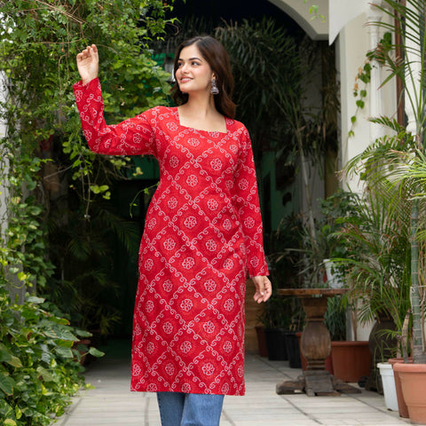 Women Red Bandhani Printed Cotton Corset Long Kurti