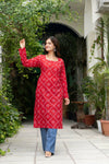 Women Red Bandhani Printed Cotton Corset Long Kurti
