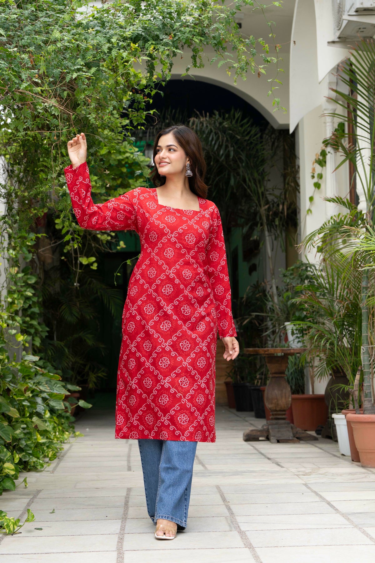 Women Red Bandhani Printed Cotton Corset Long Kurti