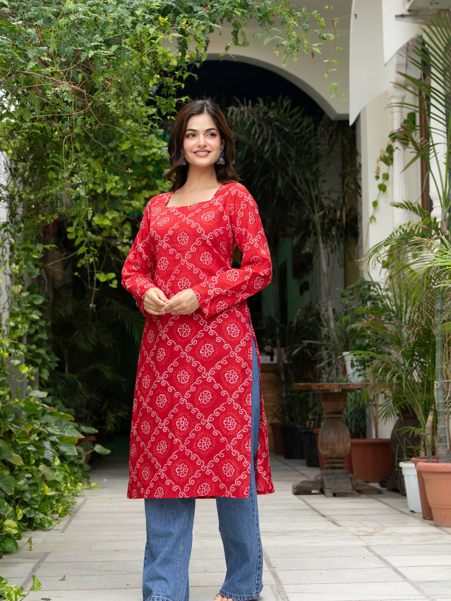 Women Red Bandhani Printed Cotton Corset Long Kurti