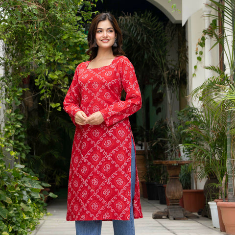 Women Red Bandhani Printed Cotton Corset Long Kurti
