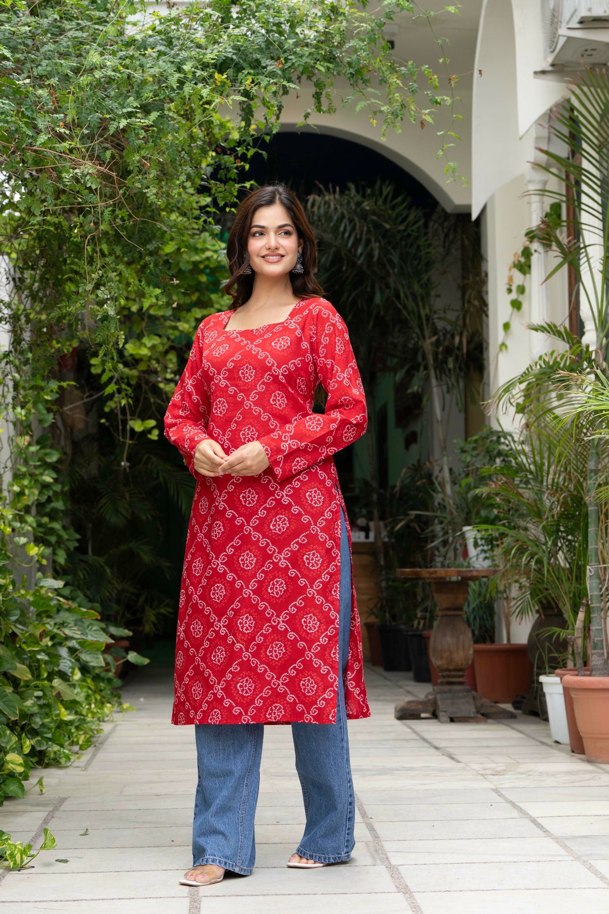 Women Red Bandhani Printed Cotton Corset Long Kurti