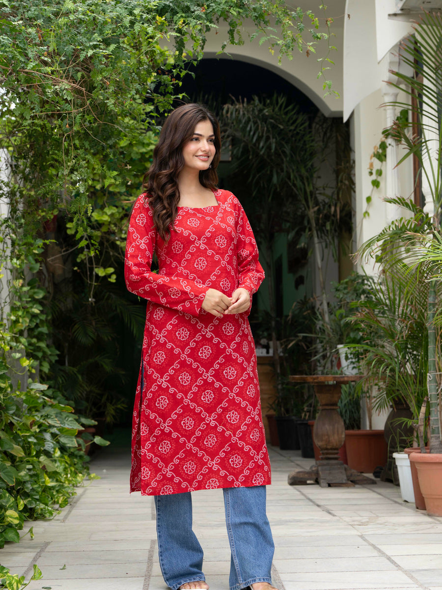 Women Red Bandhani Printed Cotton Corset Long Kurti