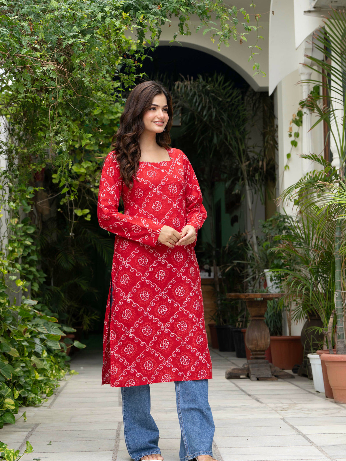 Women Red Bandhani Printed Cotton Corset Long Kurti