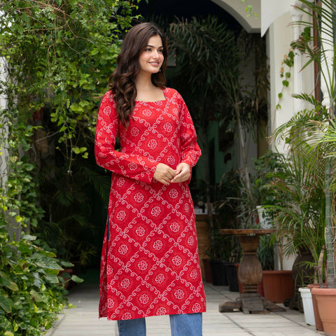 Women Red Bandhani Printed Cotton Corset Long Kurti