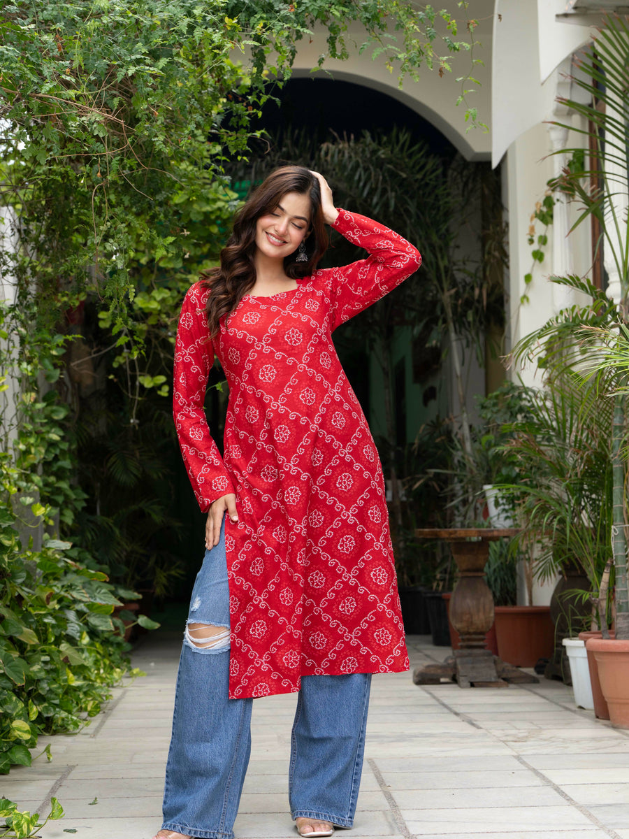 Women Red Bandhani Printed Cotton Corset Long Kurti