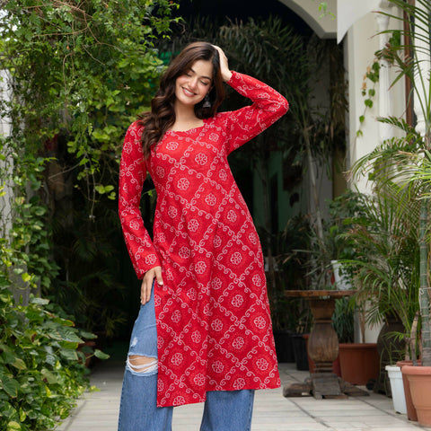 Women Red Bandhani Printed Cotton Corset Long Kurti