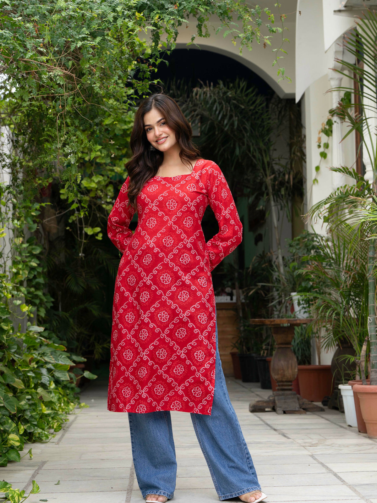 Women Red Bandhani Printed Cotton Corset Long Kurti