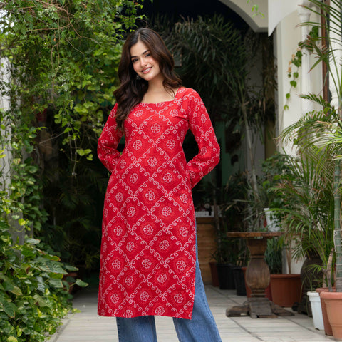 Women Red Bandhani Printed Cotton Corset Long Kurti