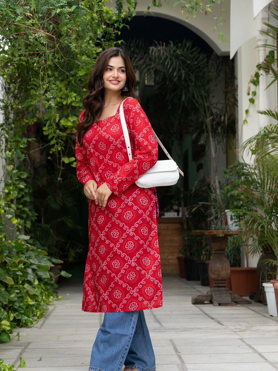Women Red Bandhani Printed Cotton Corset Long Kurti