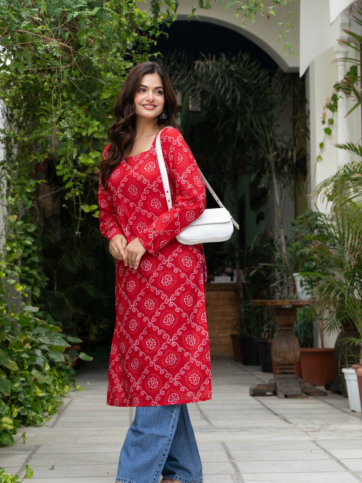 Women Red Bandhani Printed Cotton Corset Long Kurti