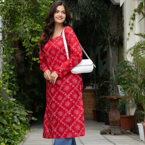 Women Red Bandhani Printed Cotton Corset Long Kurti