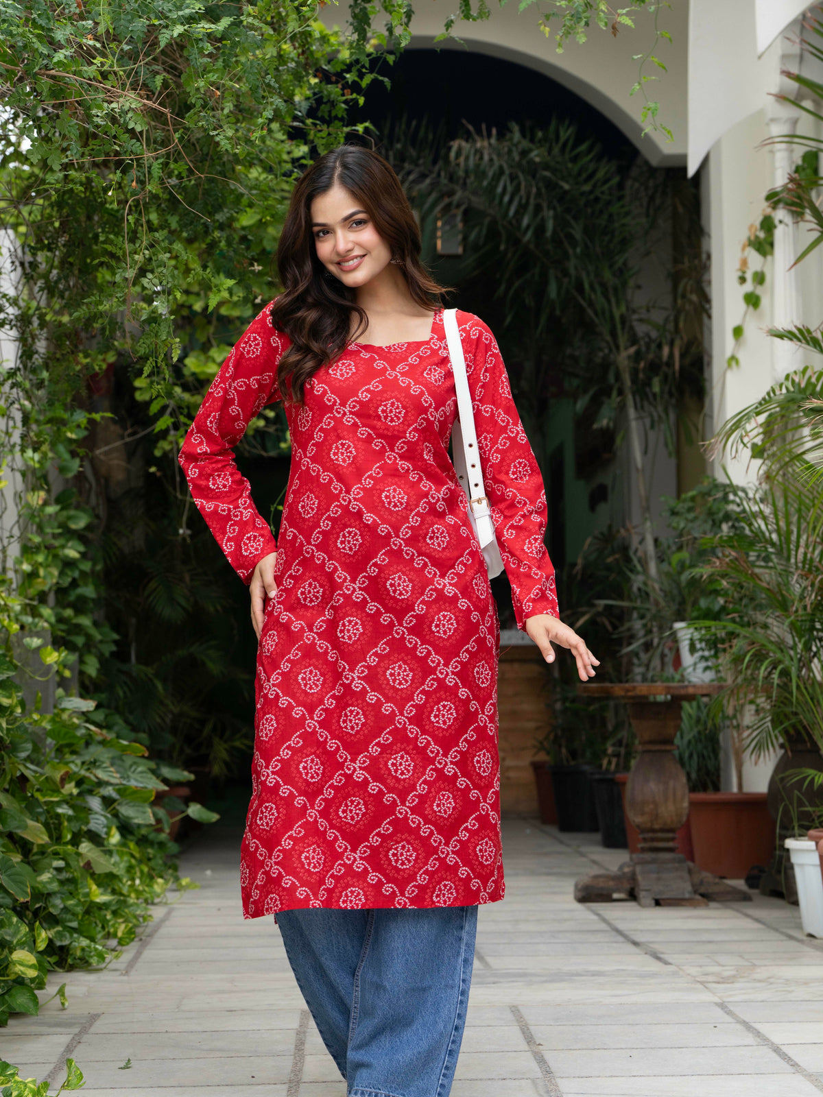 Women Red Bandhani Printed Cotton Corset Long Kurti