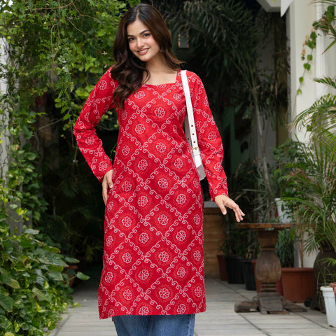 Women Red Bandhani Printed Cotton Corset Long Kurti