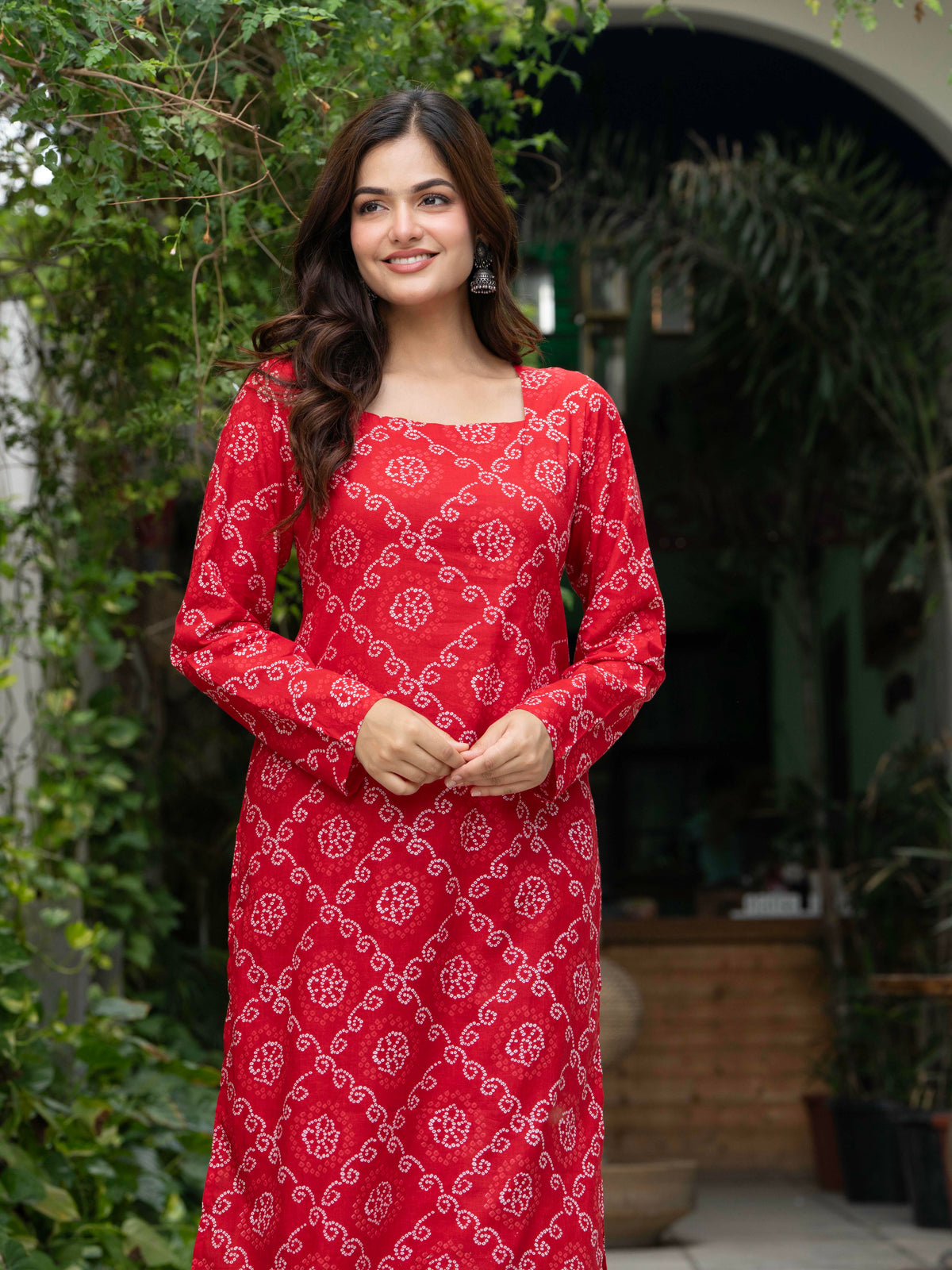 Women Red Bandhani Printed Cotton Corset Long Kurti