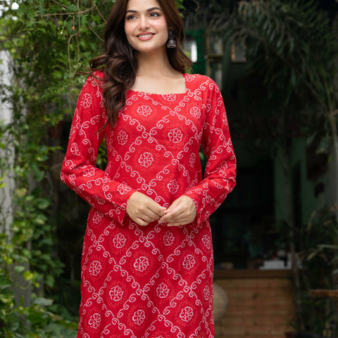 Women Red Bandhani Printed Cotton Corset Long Kurti