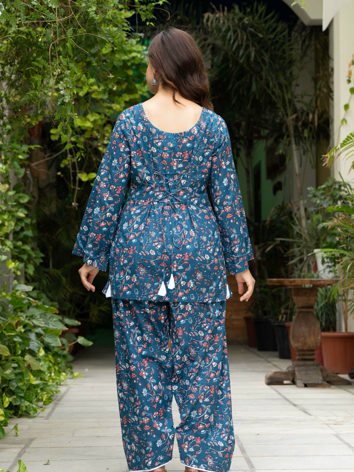 Women Blue Floral Cotton Farsi Co-ord Set