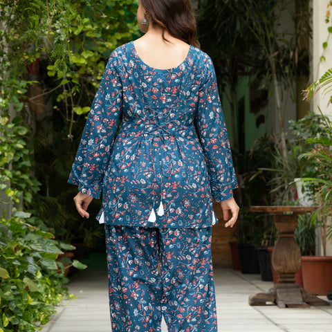 Women Blue Floral Cotton Farsi Co-ord Set
