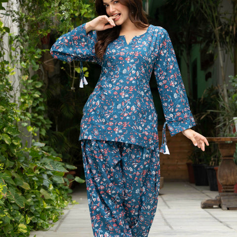 Women Blue Floral Cotton Farsi Co-ord Set