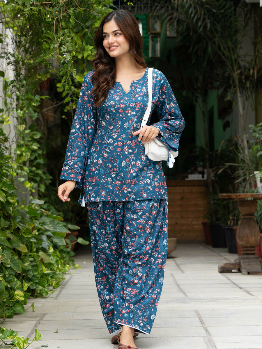 Women Blue Floral Cotton Farsi Co-ord Set