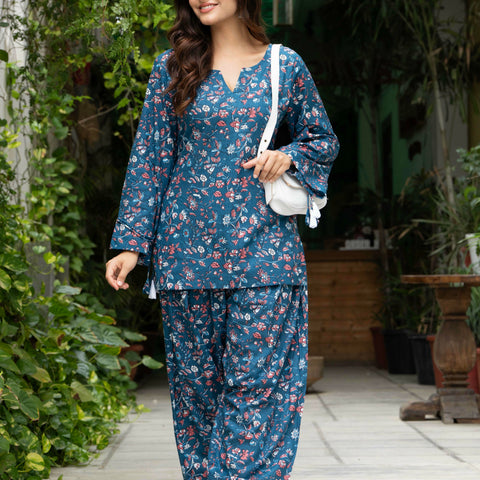 Women Blue Floral Cotton Farsi Co-ord Set