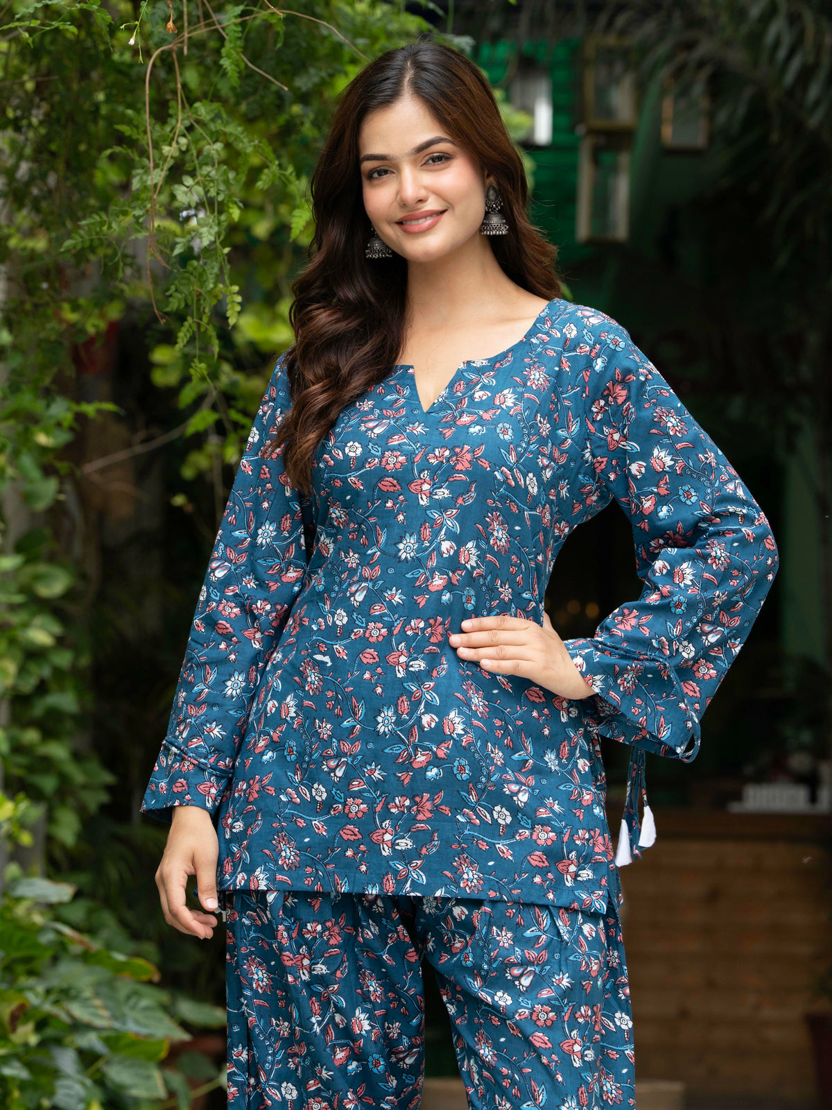 Women Blue Floral Cotton Farsi Co-ord Set