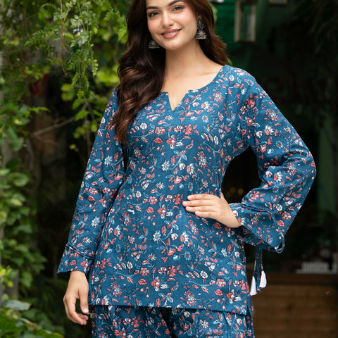 Women Blue Floral Cotton Farsi Co-ord Set