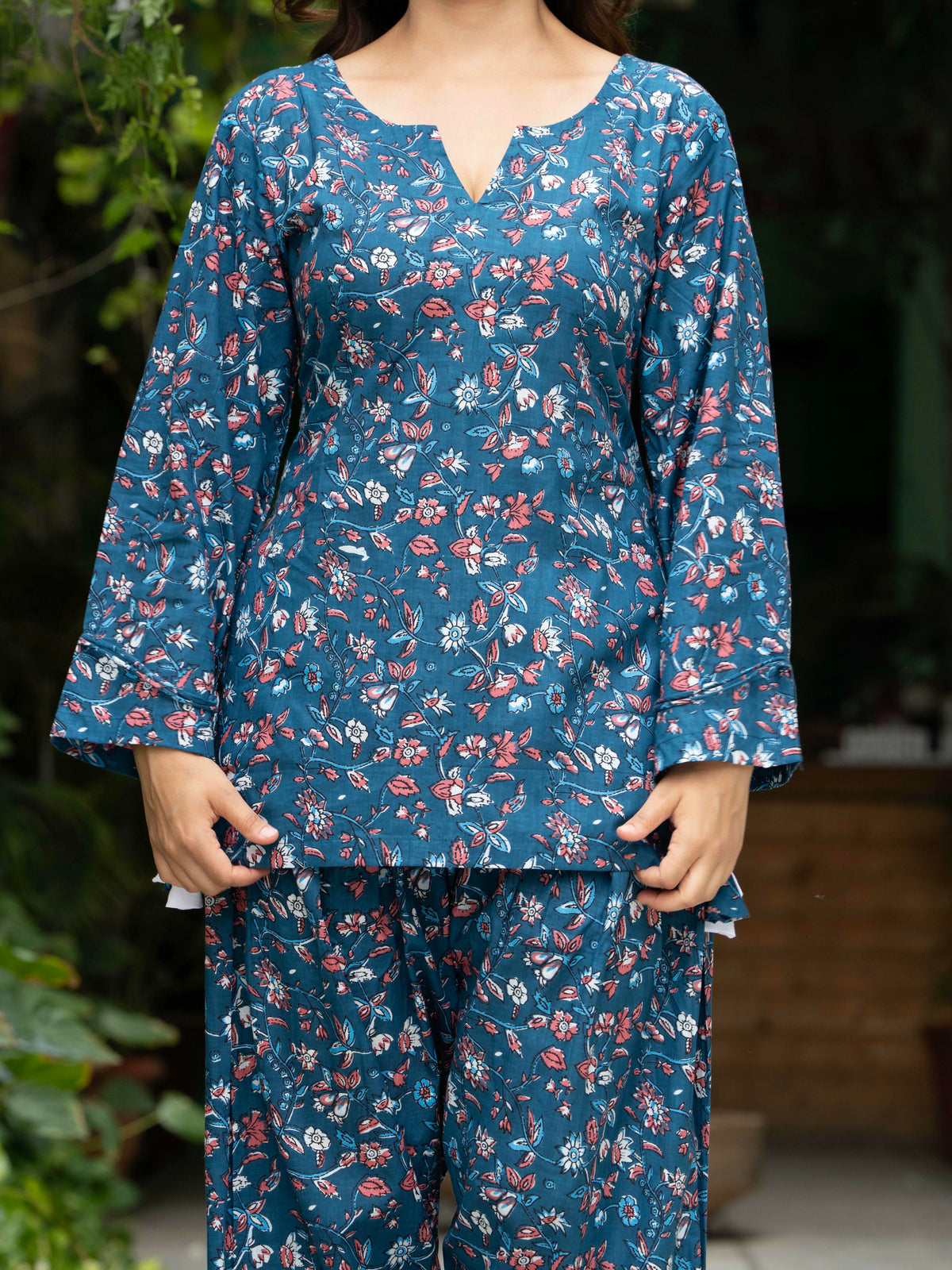 Women Blue Floral Cotton Farsi Co-ord Set
