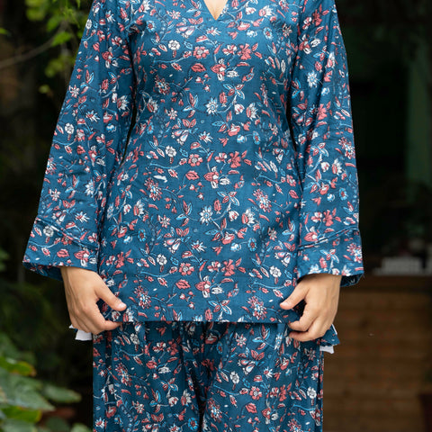 Women Blue Floral Cotton Farsi Co-ord Set