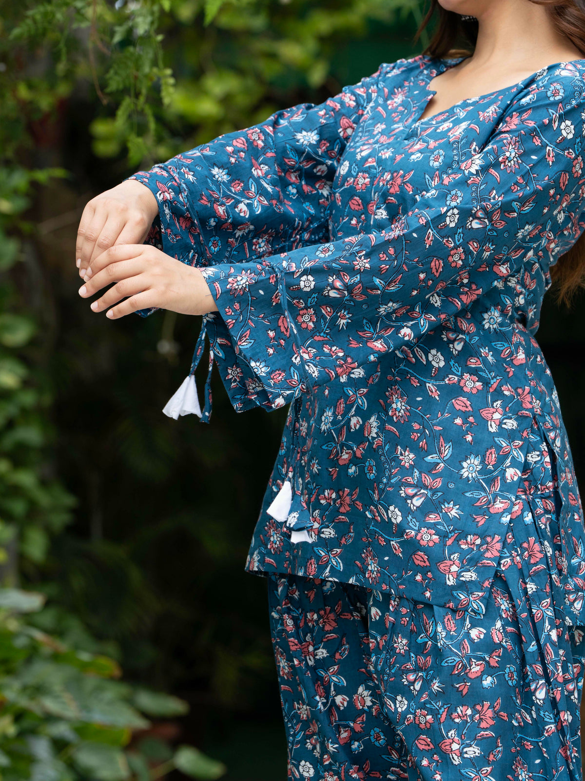 Women Blue Floral Cotton Farsi Co-ord Set