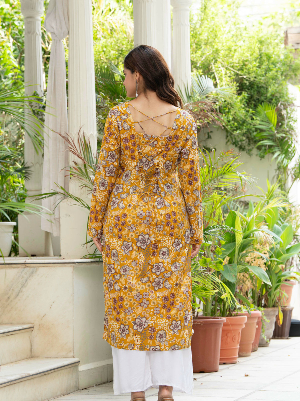 Women Mustard Yellow Printed Cotton Corset Long Kurti