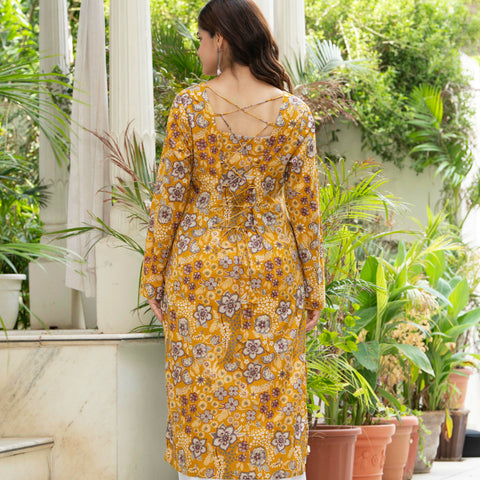 Women Mustard Yellow Printed Cotton Corset Long Kurti