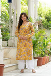 Women Mustard Yellow Printed Cotton Corset Long Kurti
