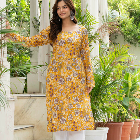 Women Mustard Yellow Printed Cotton Corset Long Kurti